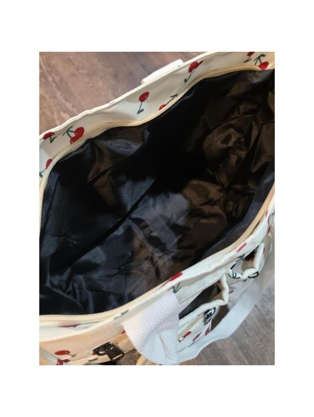 Cream Cherry-Print Tote Bag with Front Zip Pockets - Picture 6 of 8